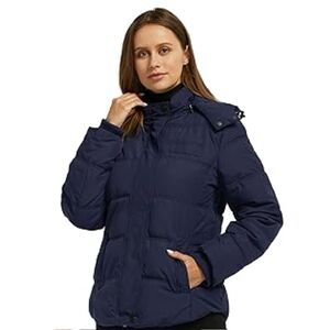 Wantdo Navy Blue Warm Quilted Puffer Jacket with Removable Hood Medium